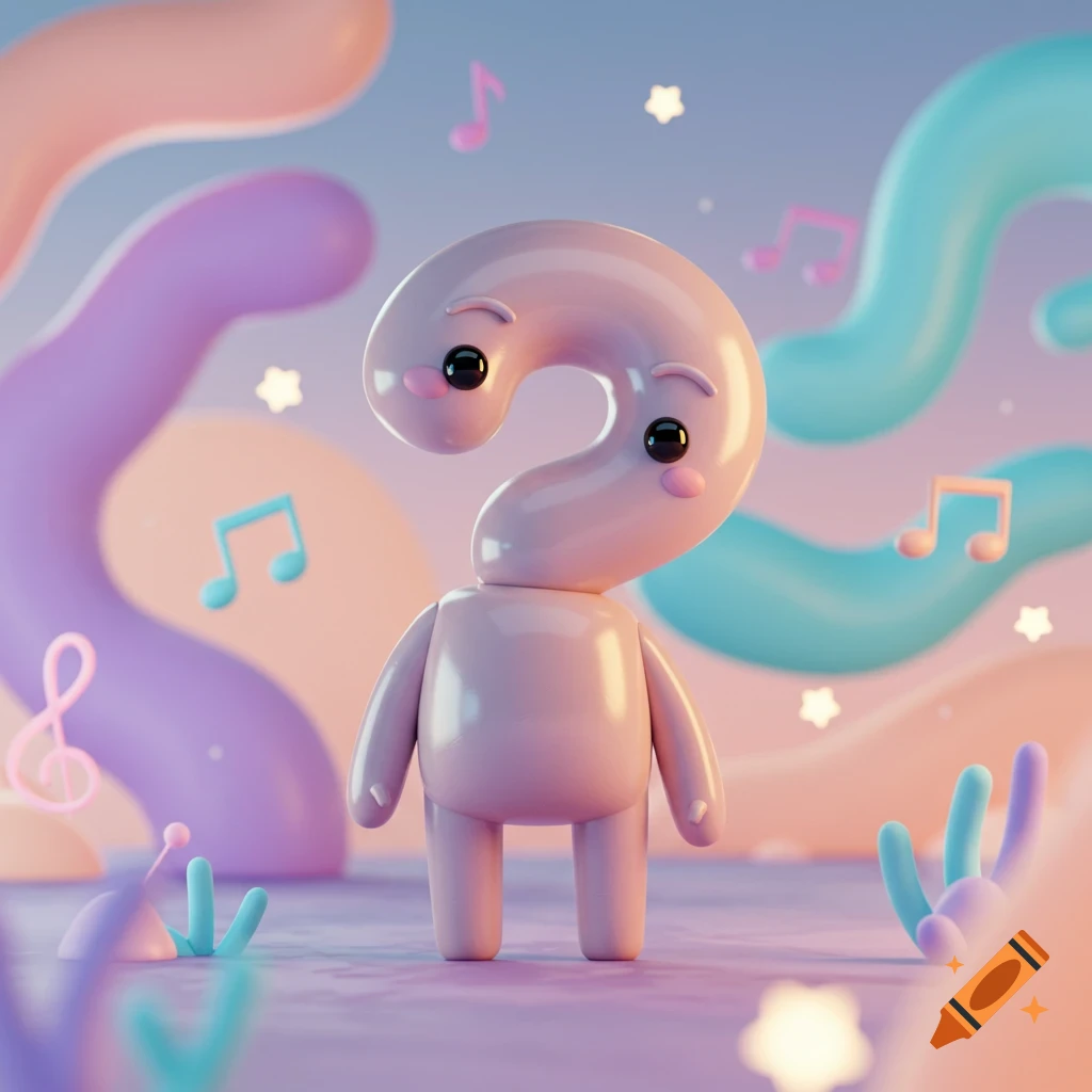 A cute, friendly pastel pink 3D humanoid question mark character stands in a whimsical landscape with musical notes.