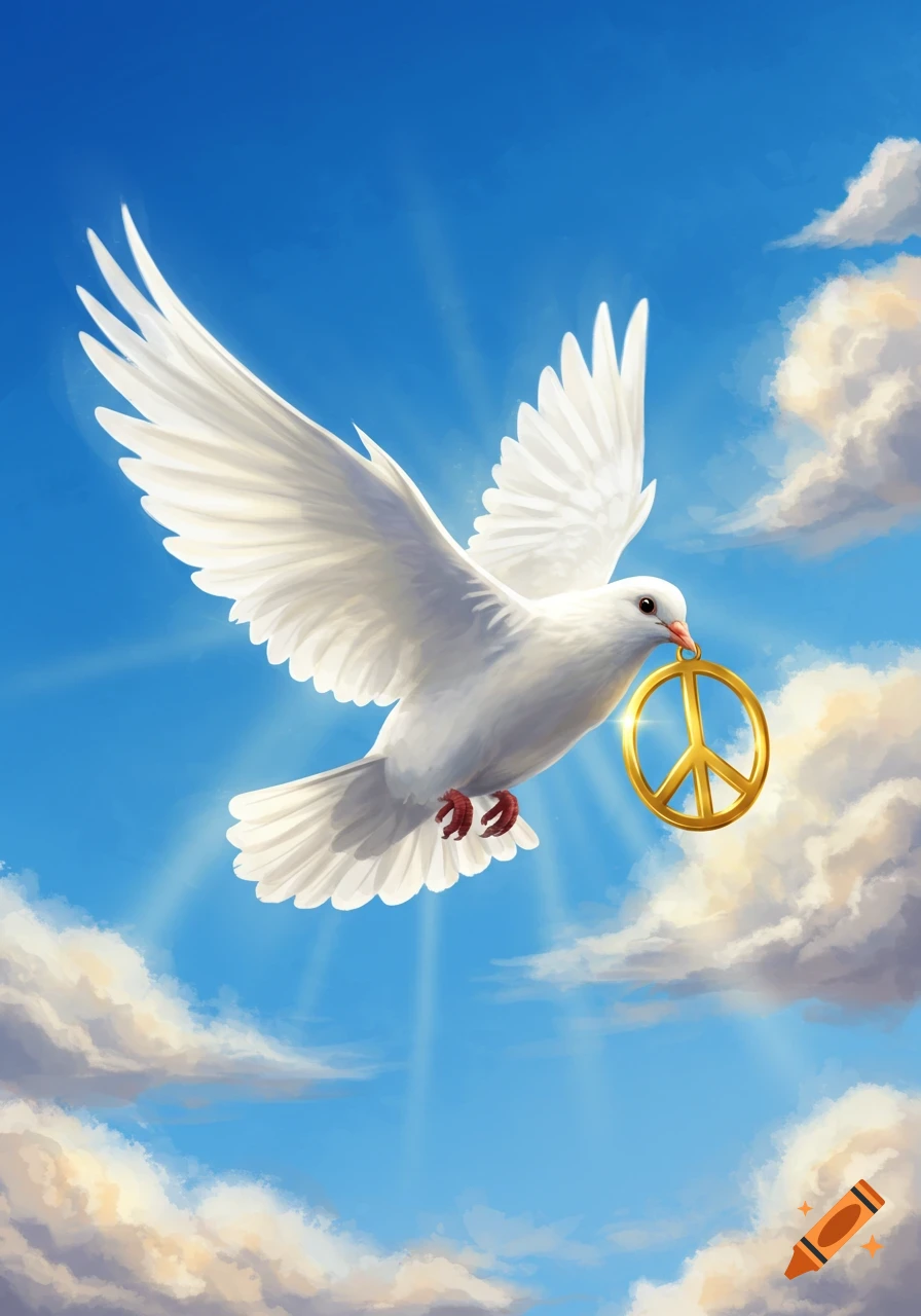 A white dove with a golden peace sign in its beak flies through a bright blue sky with clouds and sun rays. Stylized illustration.