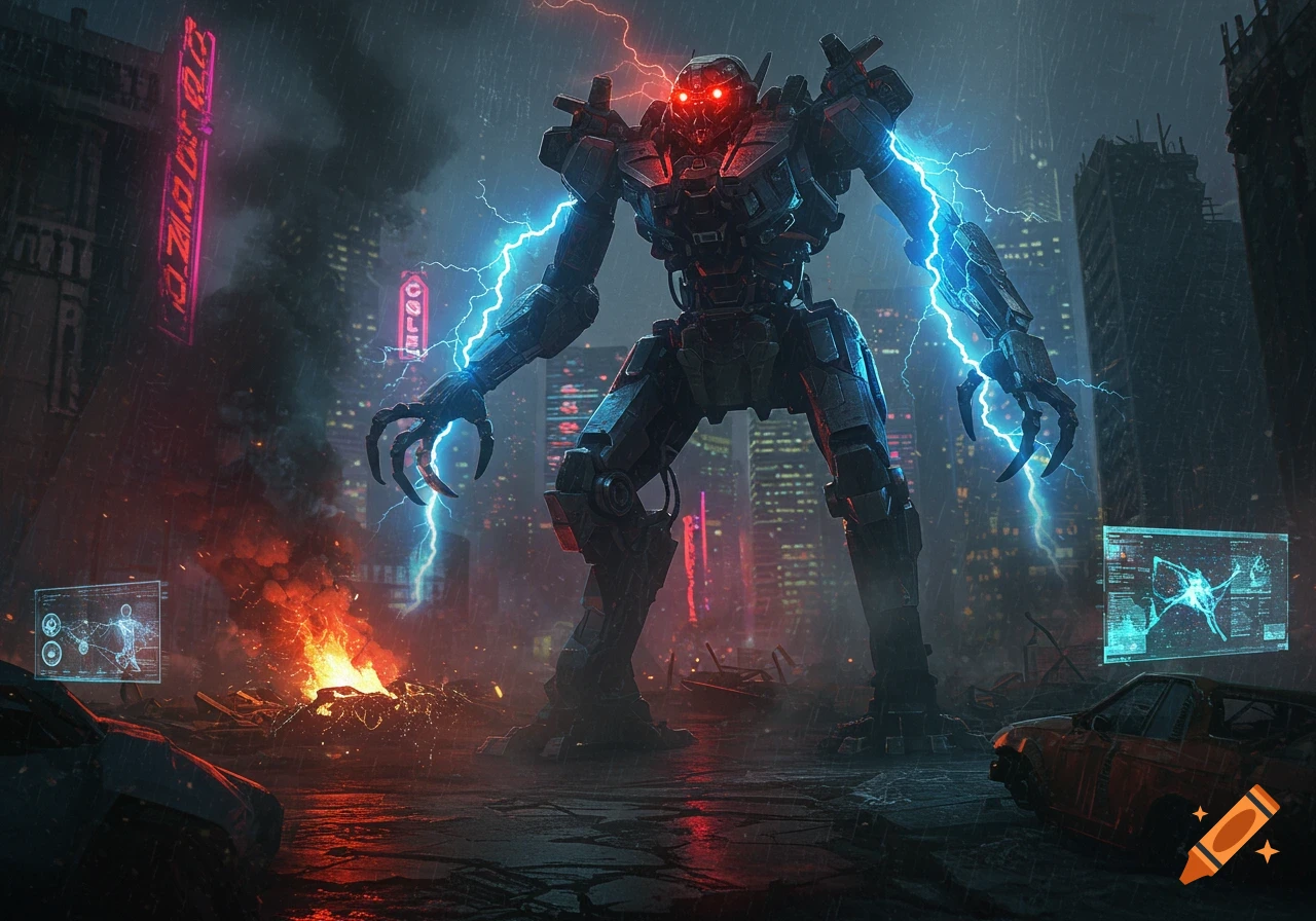 A giant, menacing robot with red eyes and blue lightning stands in a destroyed, rainy cyberpunk city with fires.