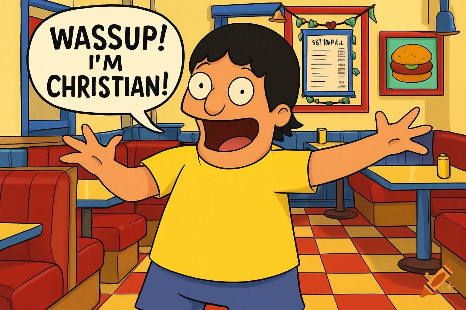 Cartoon character Gene Belcher from Bob's Burgers stands in a restaurant, arms open, saying "WASSUP! I'M CHRISTIAN!" in a speech bubble.