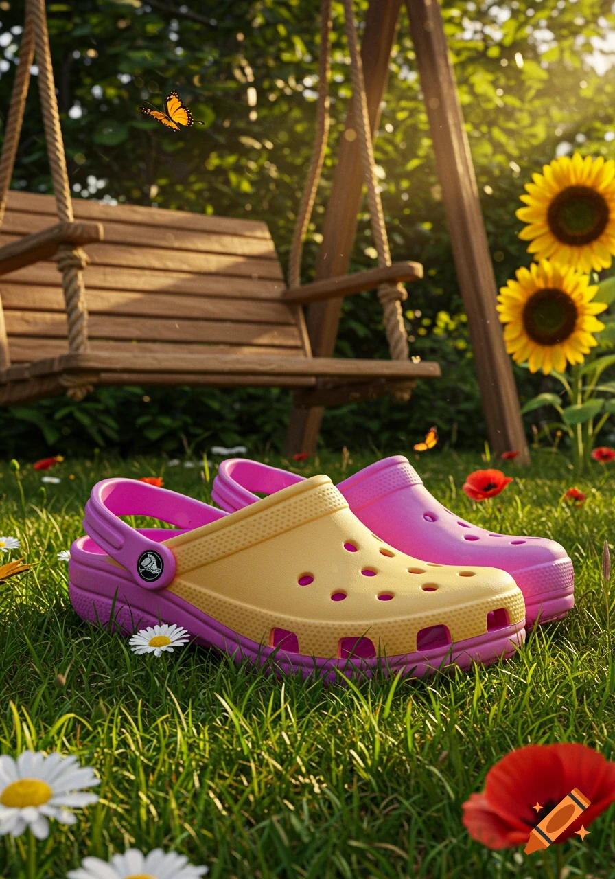 Two colorful Crocs shoes, one yellow and one pink, resting in a sunny garden with a wooden swing, sunflowers, daisies, and butterflies.