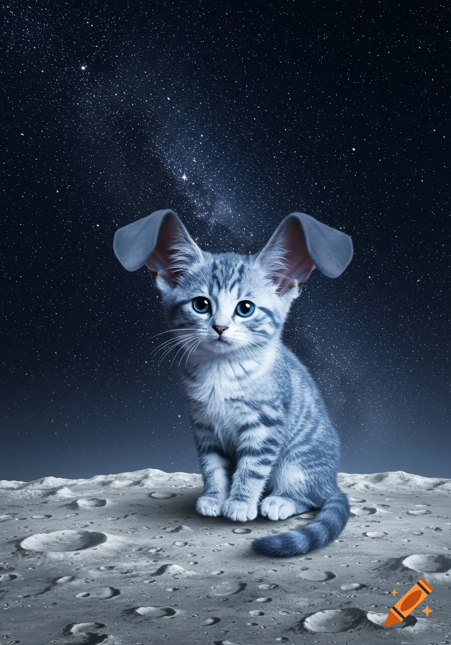A cute tabby kitten with large, floppy ears sits on the cratered surface of the moon under a dark, starry night sky.
