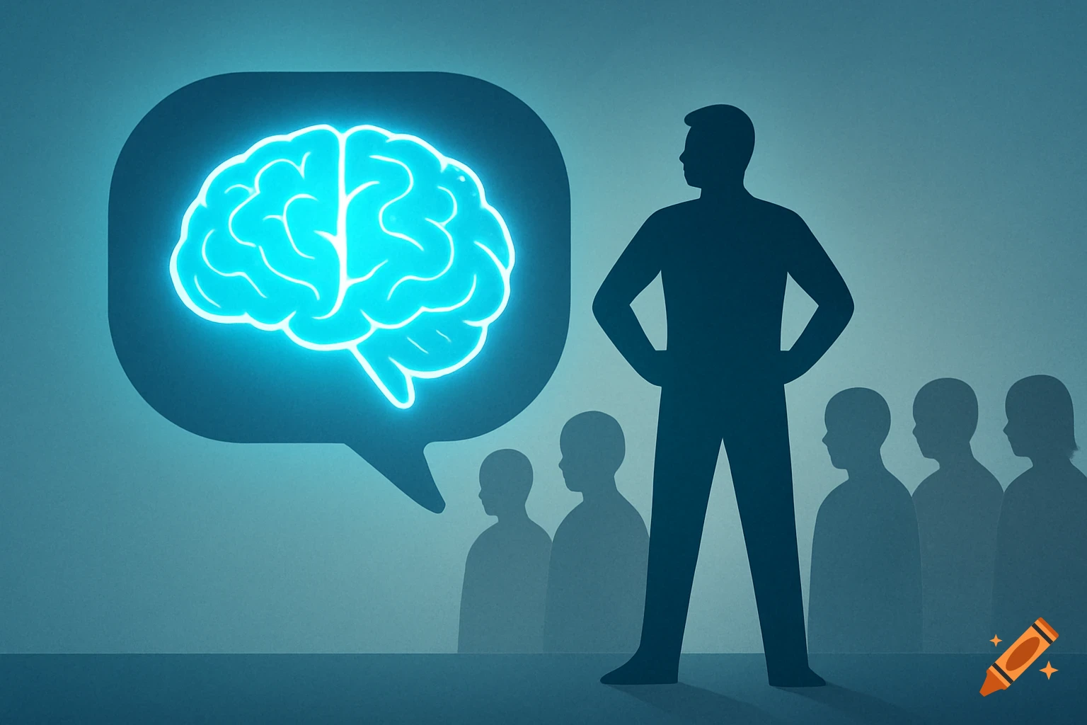 Minimalist conceptual illustration of a man's silhouette with a glowing brain in a speech bubble, as other silhouettes turn away.