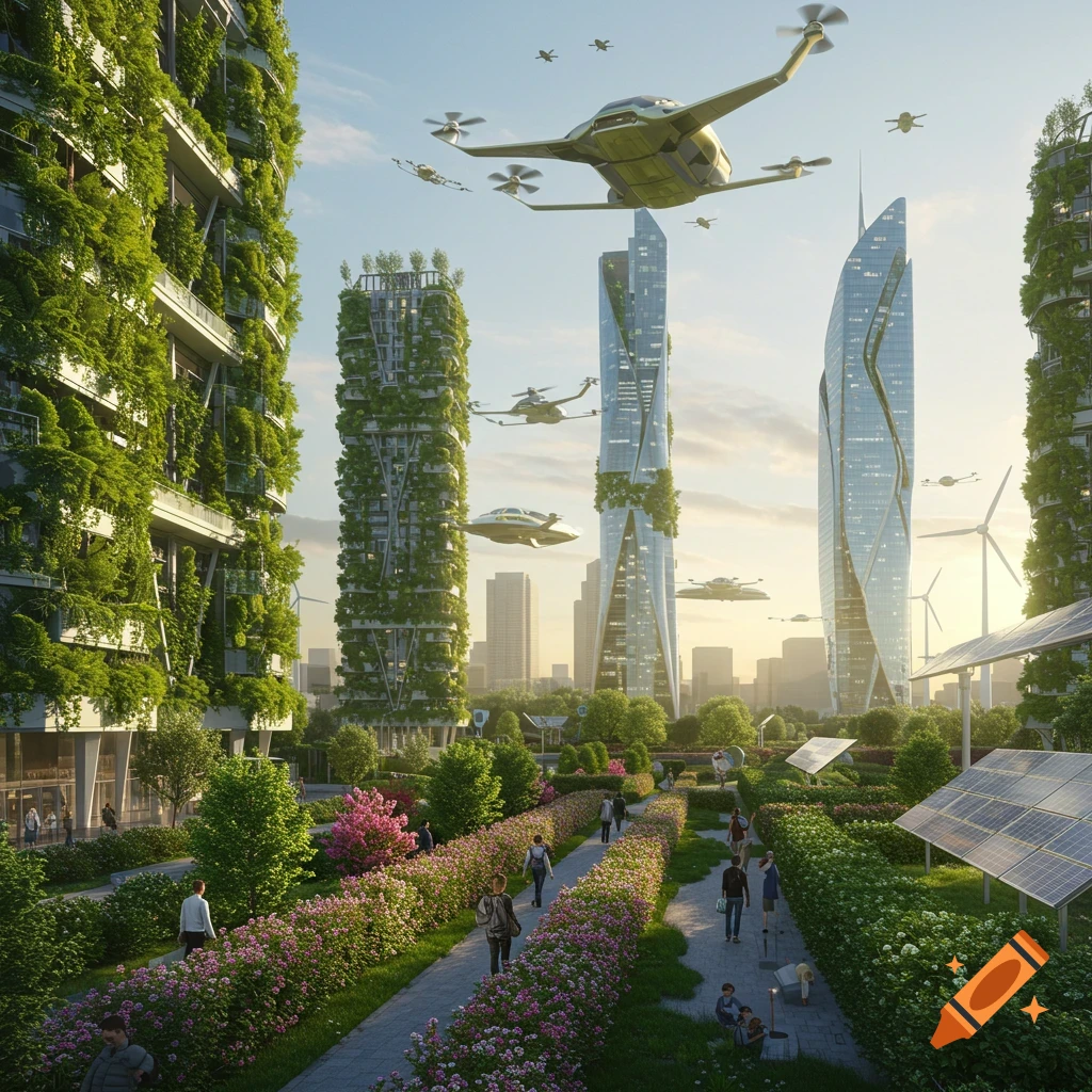 A vibrant, futuristic city with lush green buildings, flying vehicles, and pedestrians walking on paths lined with flowers and solar panels.