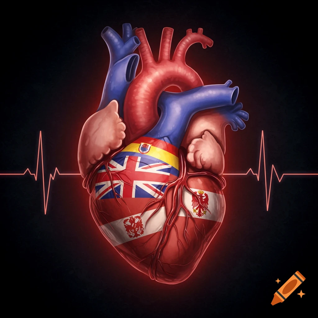 Stylized anatomical heart covered with a Union Jack and other European flags, with a red ECG line on a dark background.