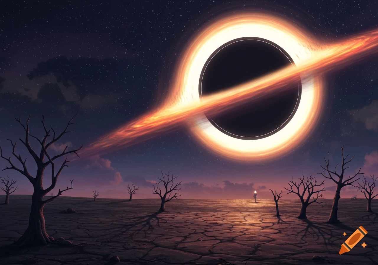 A Ghibli-style illustration of a massive glowing black hole over a barren, cracked landscape with gnarled trees and a distant lone figure.