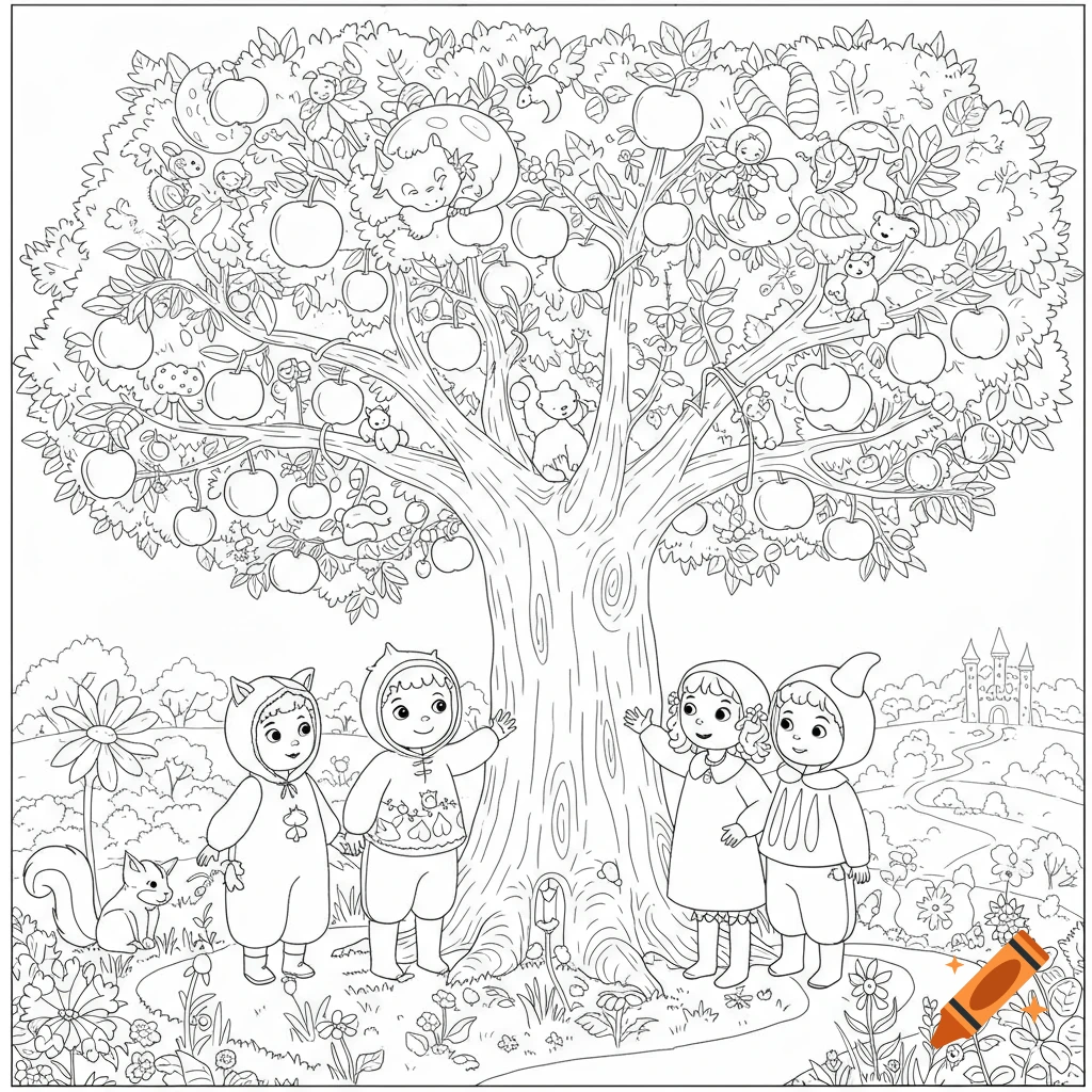 Black and white coloring page with four children, two in animal costumes, under an apple tree with fantasy creatures and a distant castle.