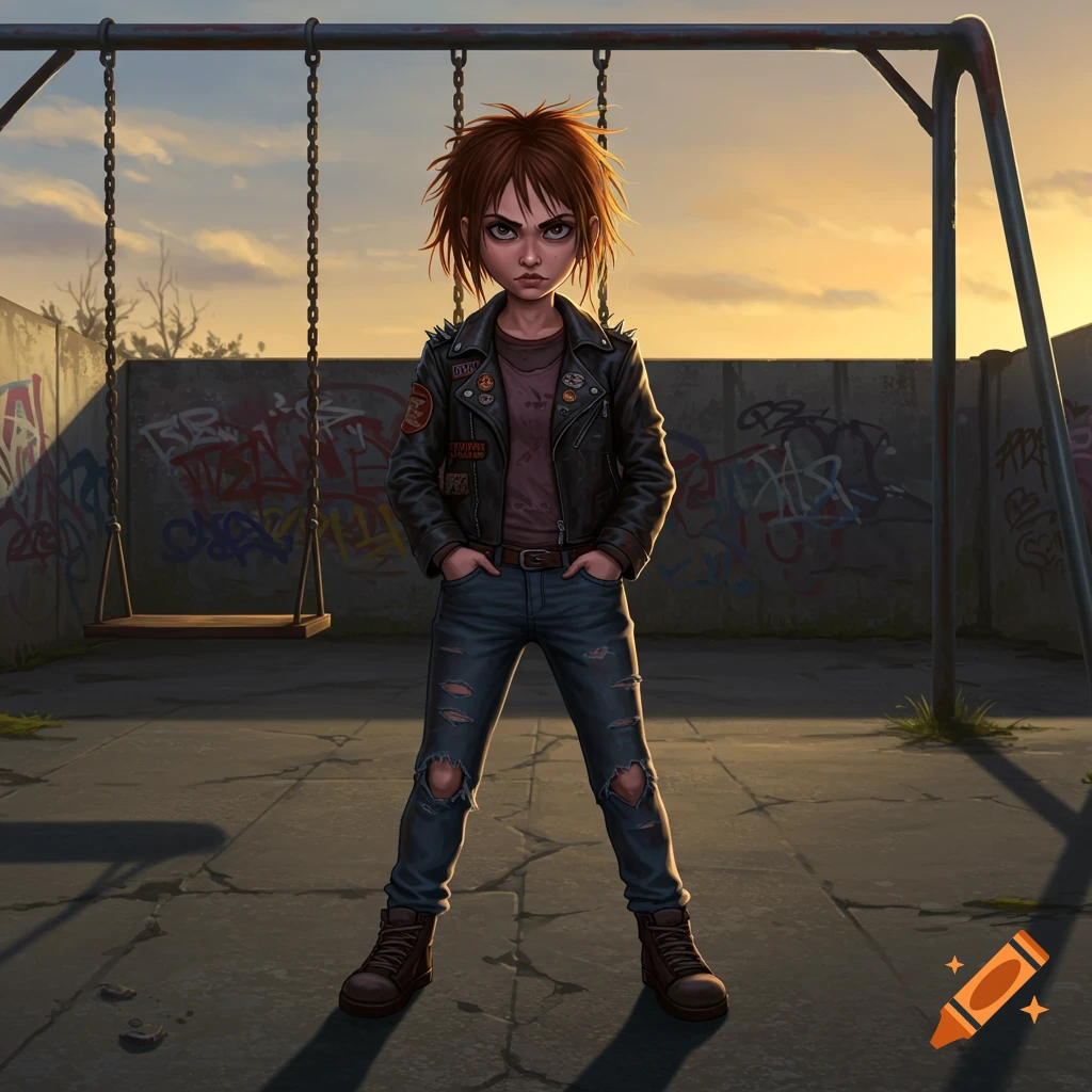 A stylized illustration of a grumpy, red-haired girl in a black leather jacket and ripped jeans, standing in an urban playground at sunset.