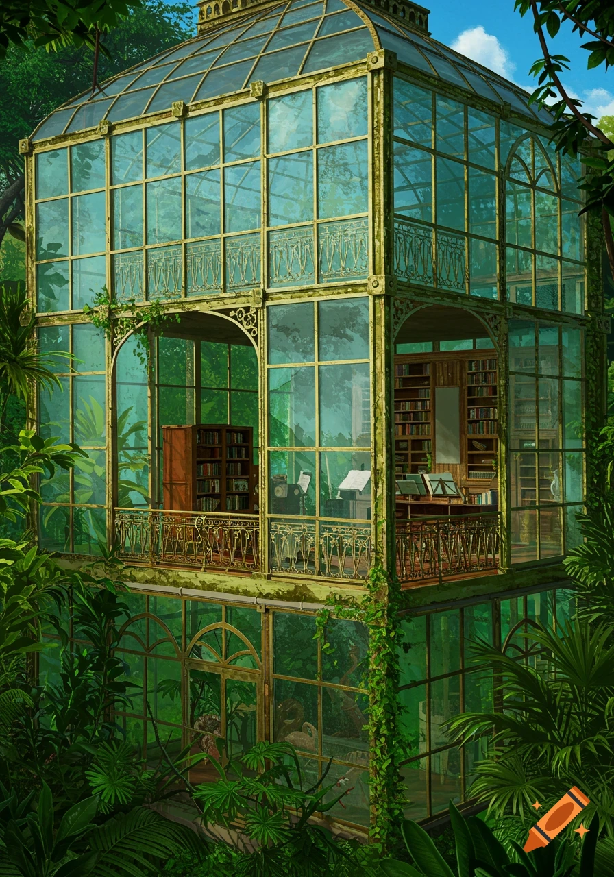 A tall, multi-story glass and brass jungle palace with a library and music studio surrounded by lush greenery.
