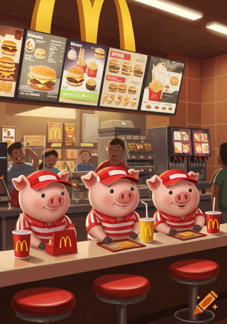 Three cartoon pigs in red and white uniforms sit at a McDonald's counter with drinks and food.