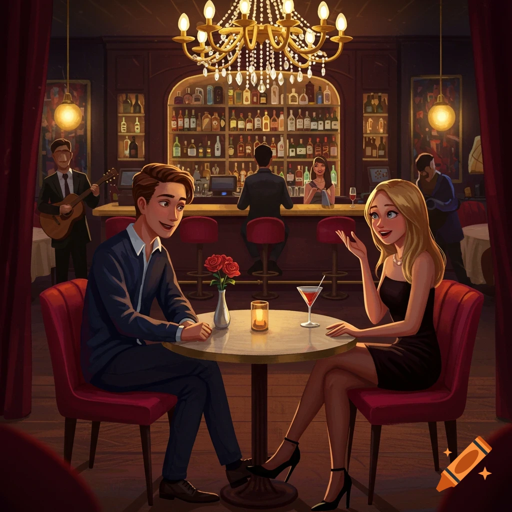 Cartoon couple on a date in a dimly lit bar with a chandelier, talking over drinks. A bartender and guitarist are in the background.