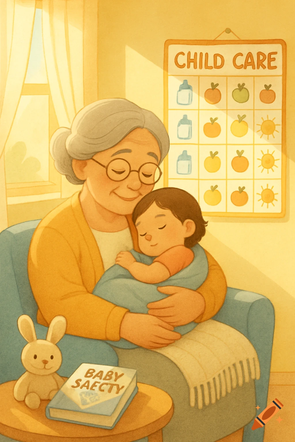 Warm illustration of an elderly woman with glasses cradling a sleeping baby in an armchair, with a childcare chart on the wall and a book on a side table.