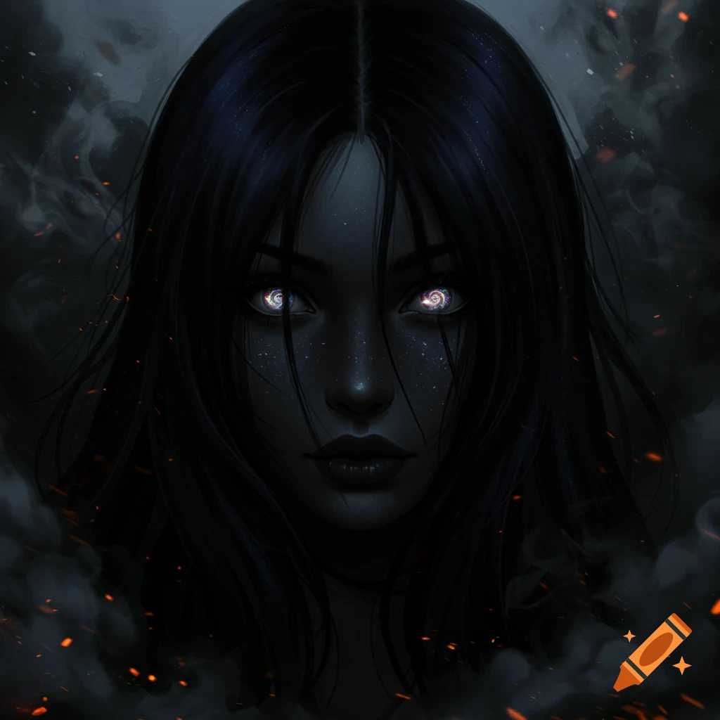 Close-up digital painting of a dark-skinned woman with long black hair, glowing swirling eyes, and a smoky, fiery dark background.