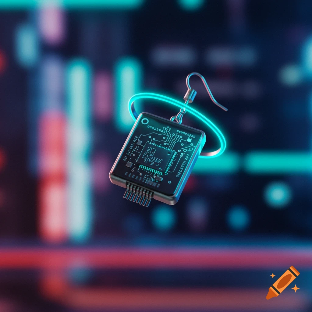 A close-up of a digital circuit board earring with a glowing neon blue ring, against a blurred dark background.