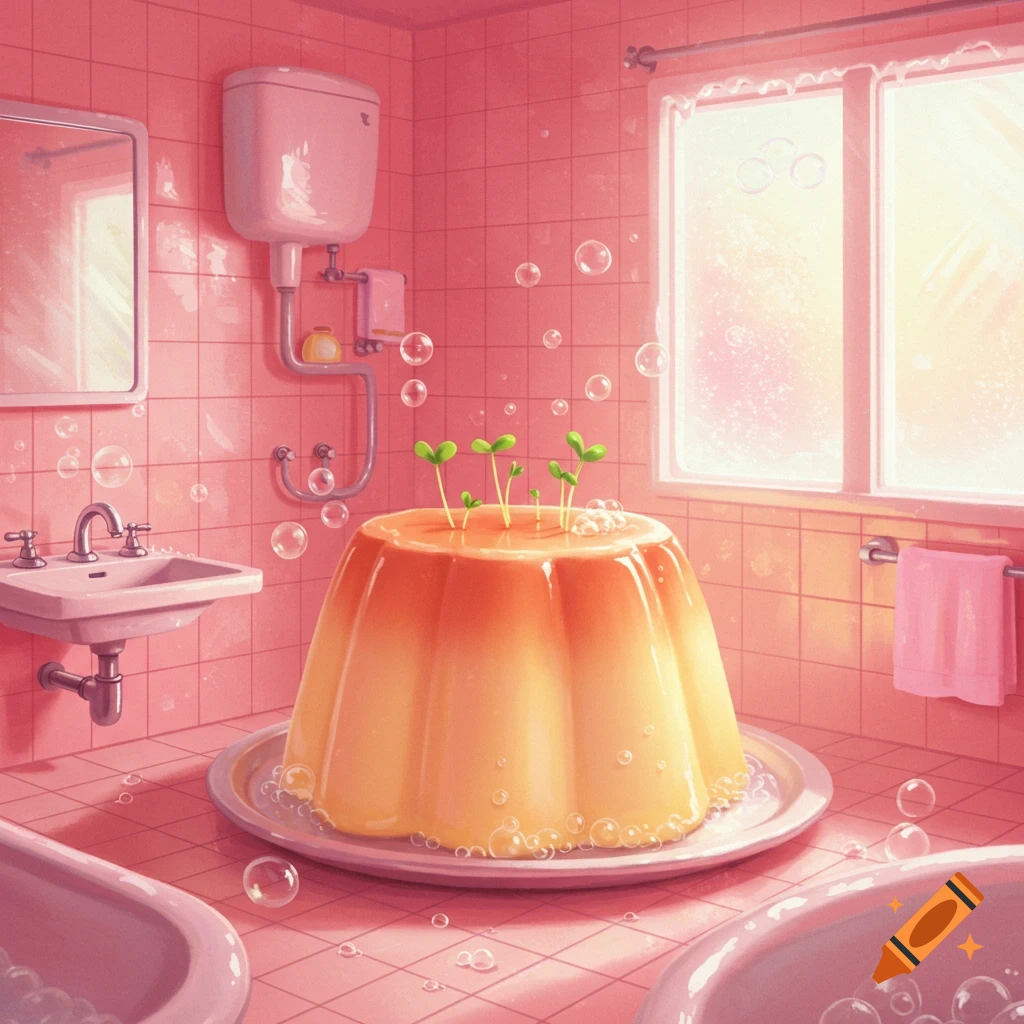 A giant pudding with green sprouts on top sits on a plate in a pink tiled bathroom with bubbles and sunlit windows.
