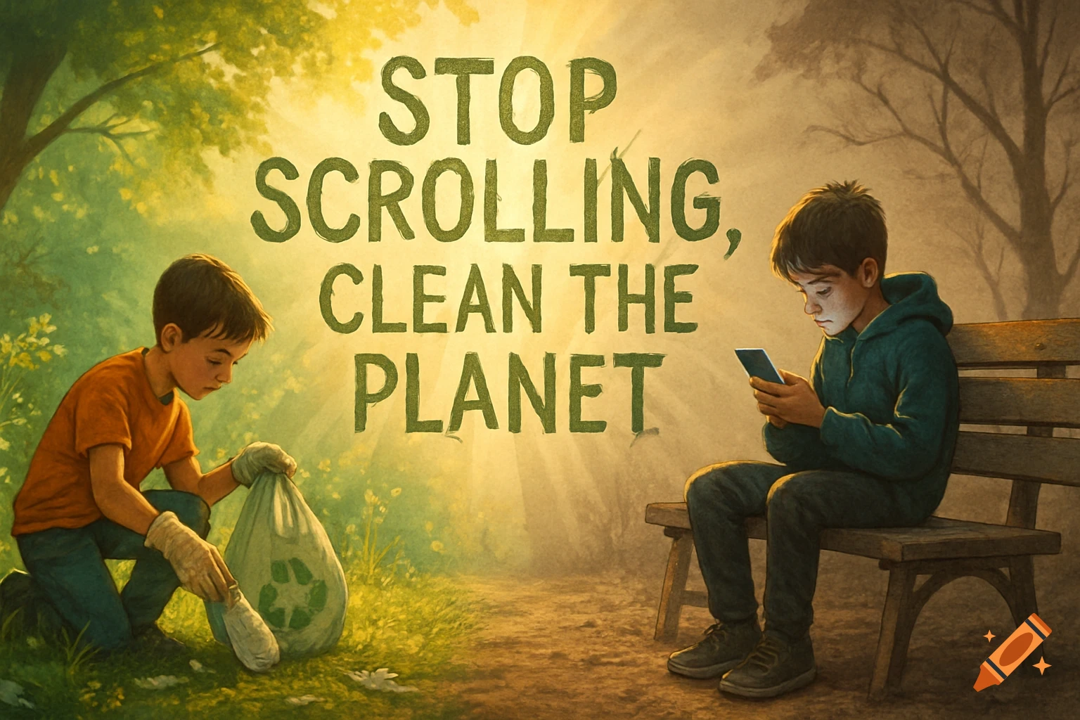 Two boys in a sunlit park: one picks up trash, the other uses a phone on a bench. Text reads "STOP SCROLLING, CLEAN THE PLANET". Painterly style.