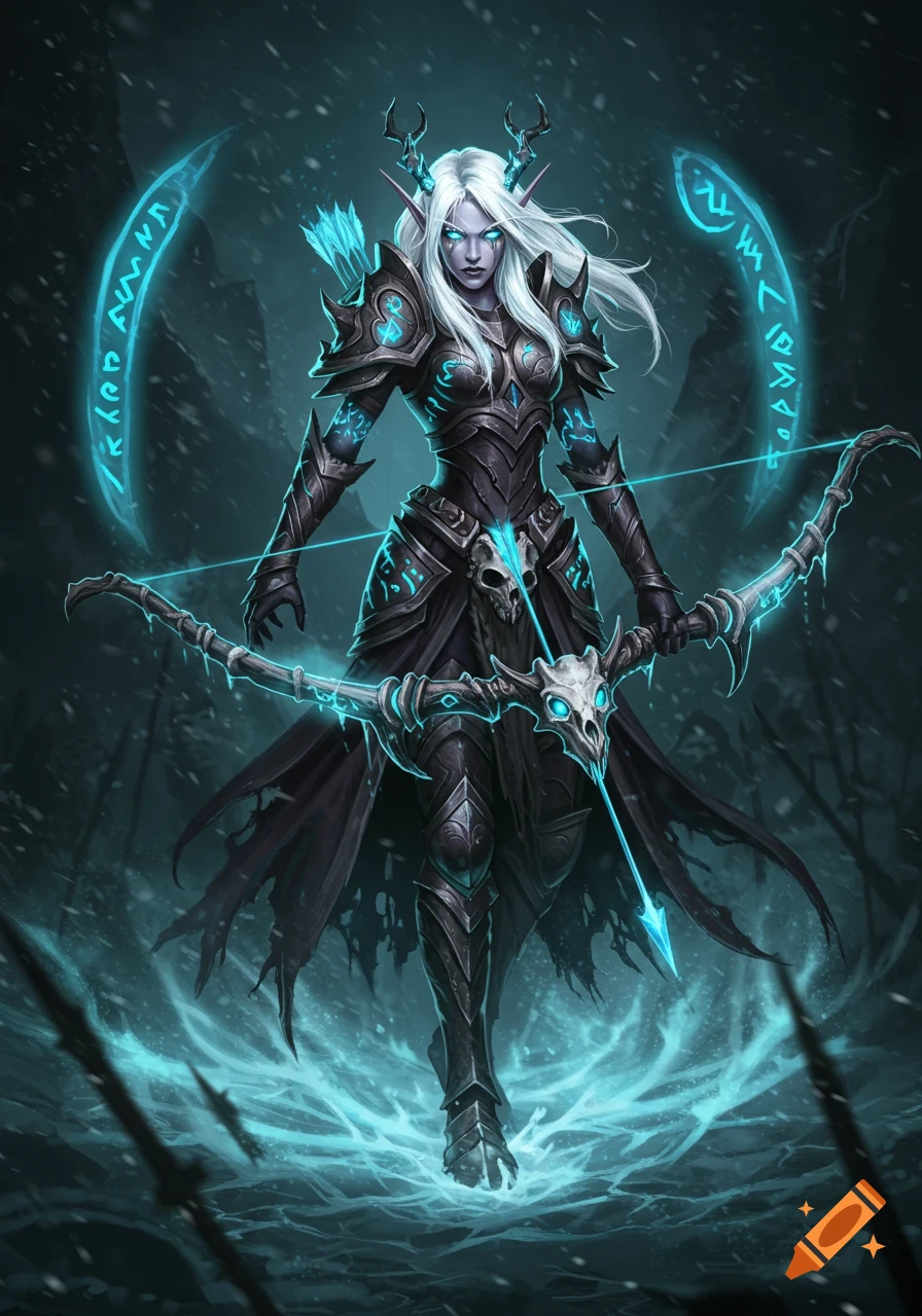 A female dark elf archer with white hair, glowing blue runes, and dark armor, holding a skeletal bow in a frozen battlefield.