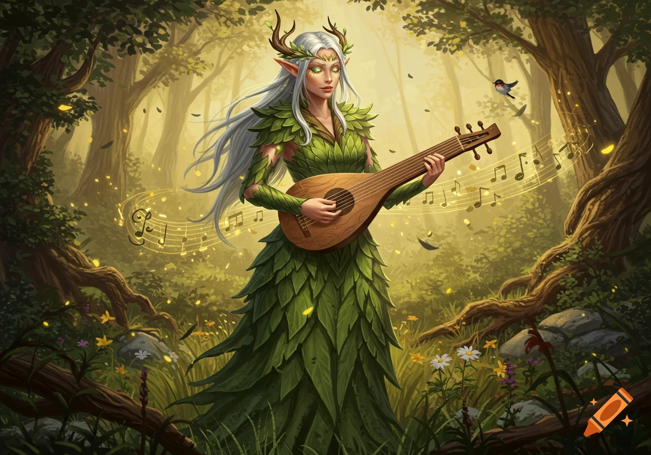 A female elf bard with white hair and antlers plays a lute in a magical forest, surrounded by glowing musical notes.