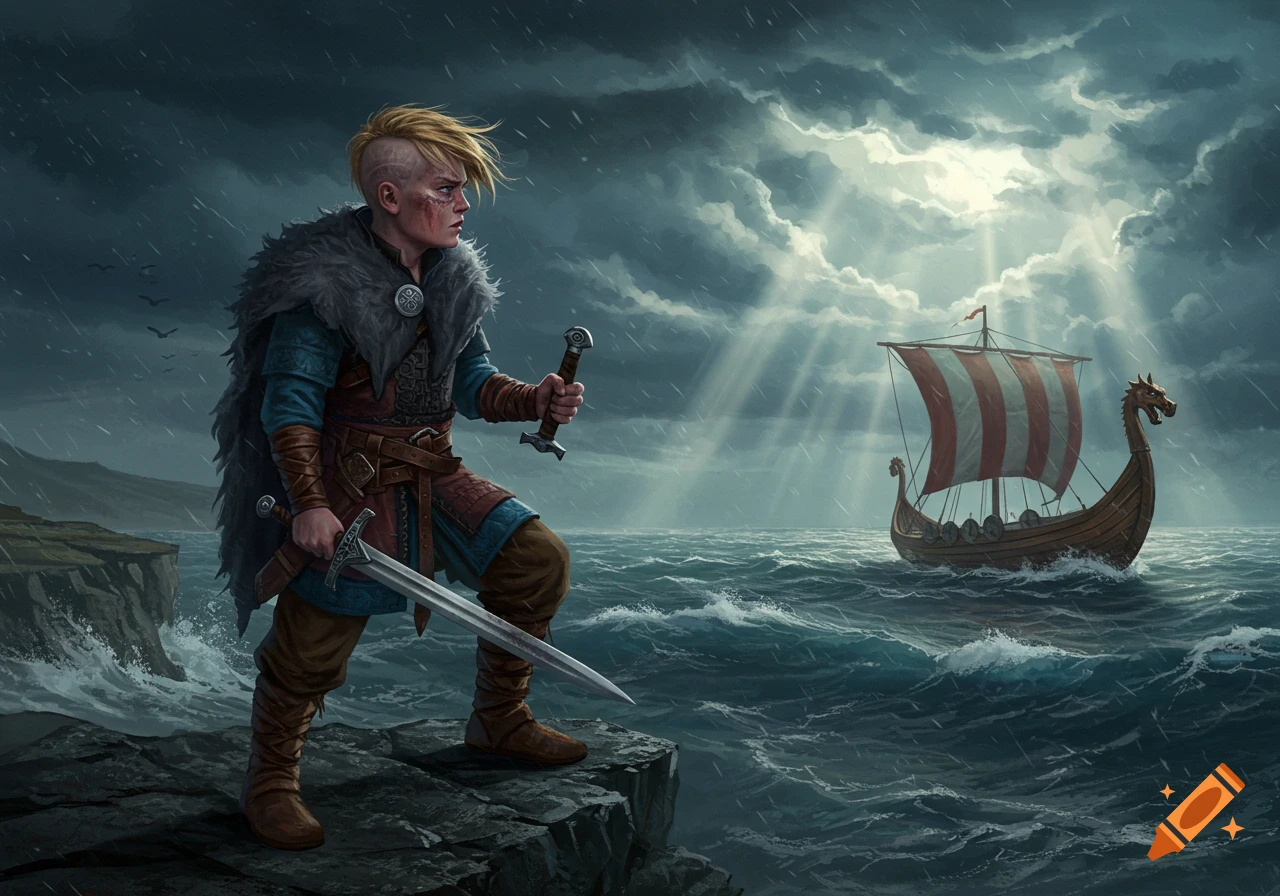 A young Viking warrior with a mohawk, holding two swords, stands on a rocky cliff overlooking a stormy sea with a longship.