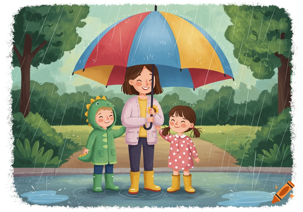 Cartoon illustration of a mother and two happy children, one in a dinosaur raincoat, sharing a colorful umbrella in the rain.
