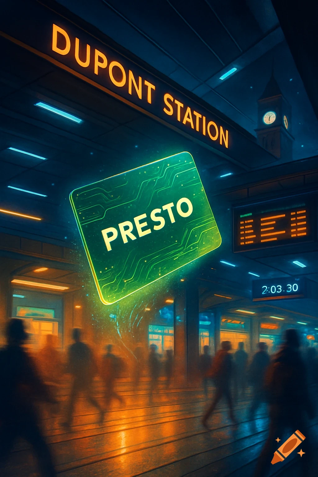 A futuristic subway station at night with glowing blue and orange lights, featuring a large neon 'DUPONT STATION' sign and a floating green 'PRESTO' card. Silhouetted passengers walk on the platform. A clock tower is visible in the background.