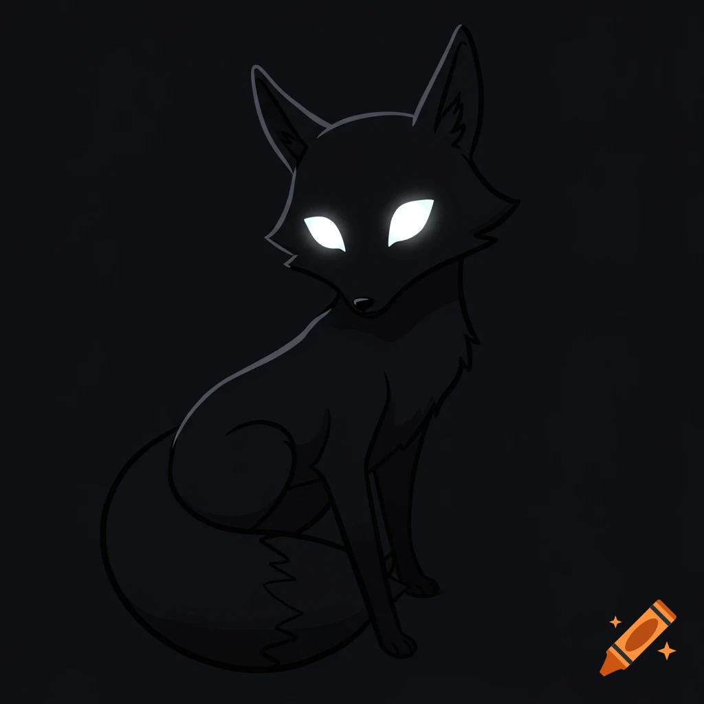 A sleek black fox with glowing white eyes on a dark, minimalistic background, in a digital art style.