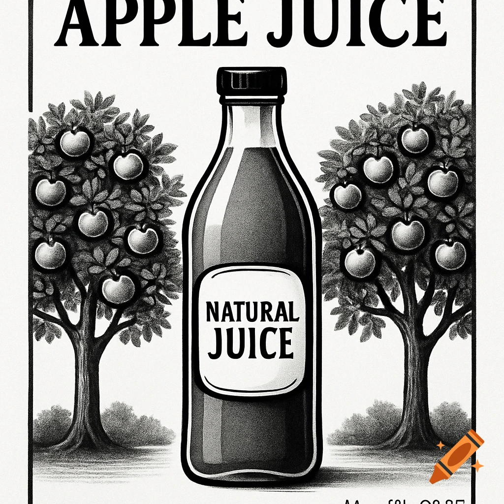 A black and white illustration of a juice bottle labeled "NATURAL JUICE" standing between two apple trees. "APPLE JUICE" is written across the top.