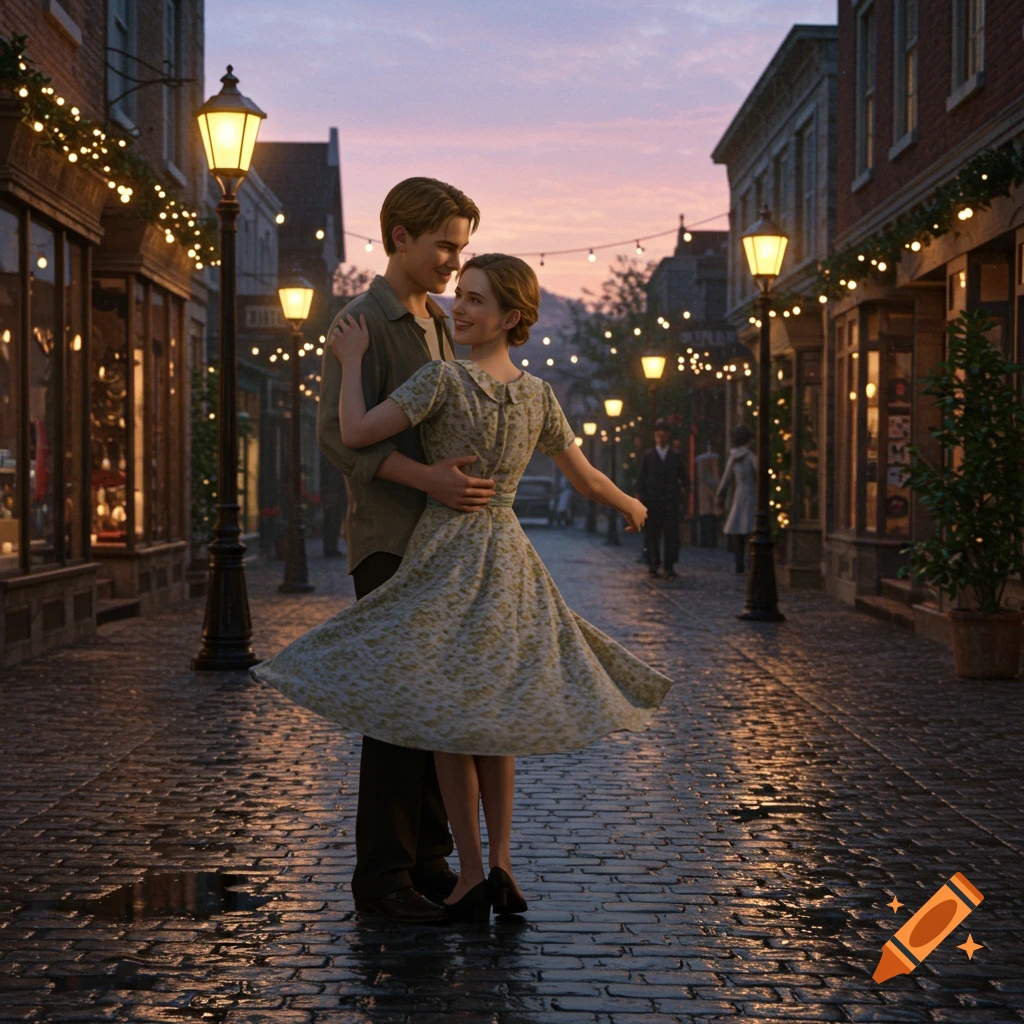 A young couple dances on a wet cobblestone street lined with string-lit shops and lampposts at dusk, in a photorealistic style.