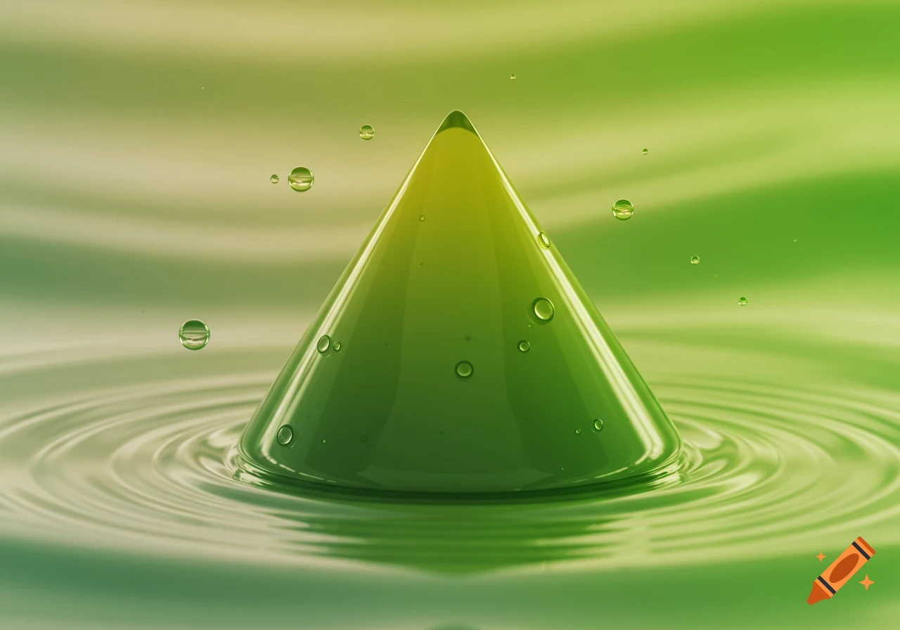 A shiny green and yellow abstract cone emerges from a rippling liquid surface, surrounded by small floating bubbles.