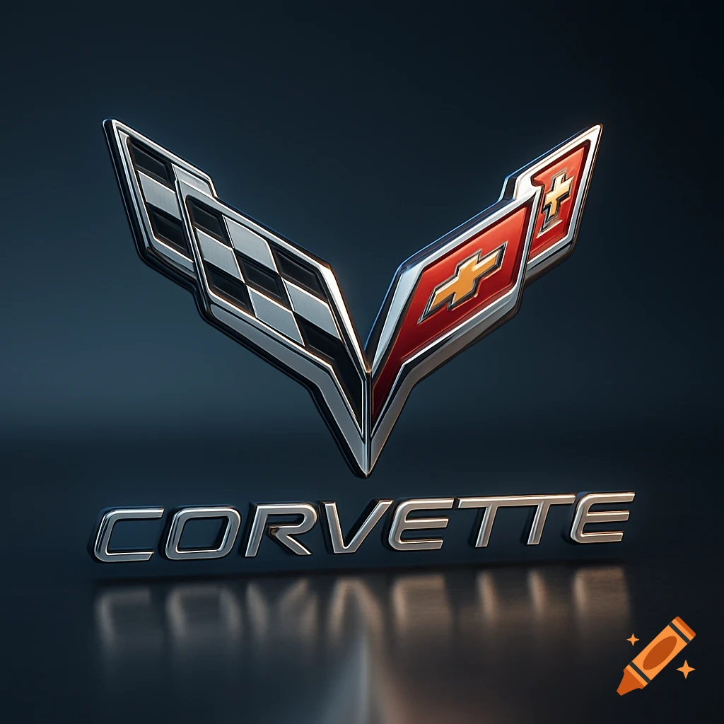 A photorealistic render of the metallic Chevrolet Corvette logo and name against a dark background.