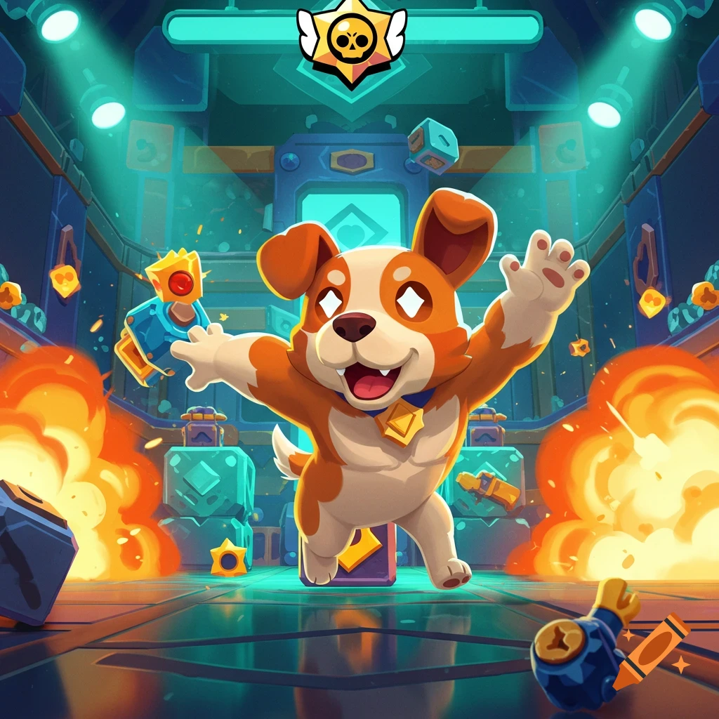 A cheerful cartoon dog with orange and white fur jumps amidst explosions in a vibrant, game-like environment with a Brawl Stars logo overhead.