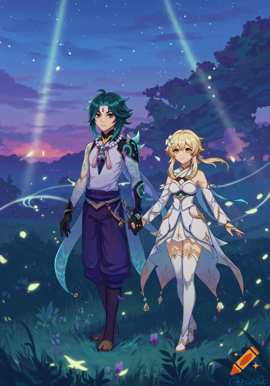 Anime art of Genshin Impact characters Xiao and Lumine holding hands, walking through a magical field at twilight with glowing lights.