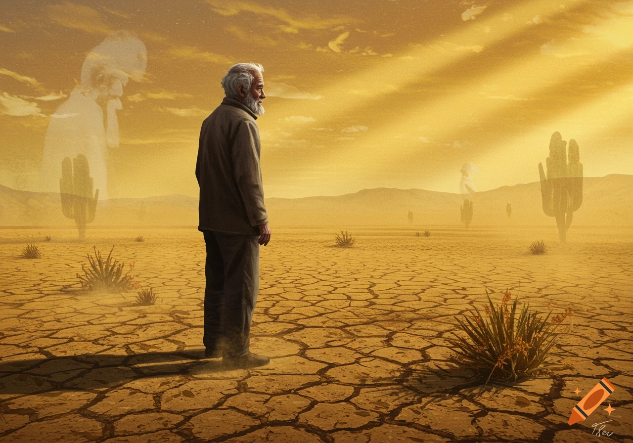 An old man stands in a cracked desert looking at ghostly figures and saguaro cacti under a golden sky, photorealistic style.