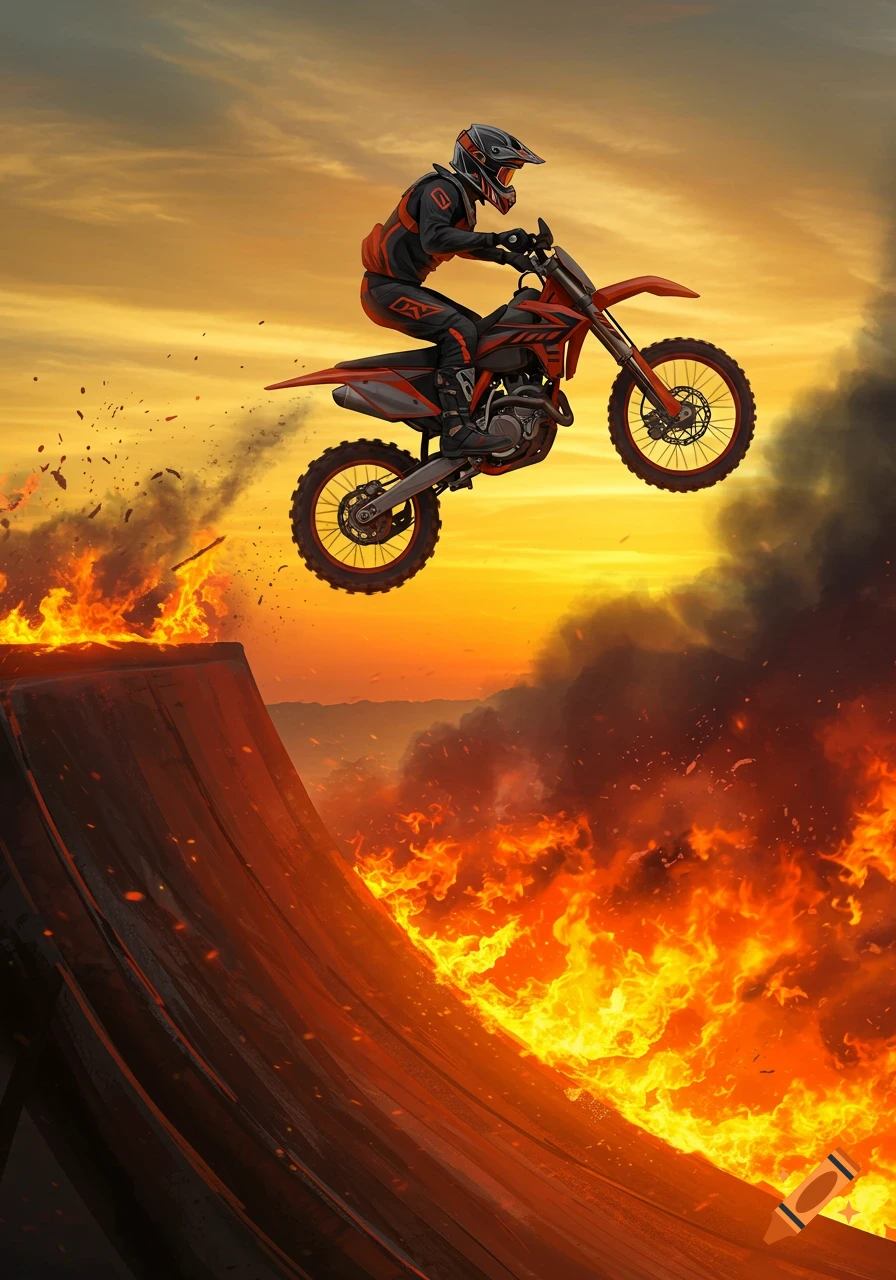 Digital illustration of a motocross rider on a dirtbike leaping over a flaming ramp against a dramatic orange sunset.