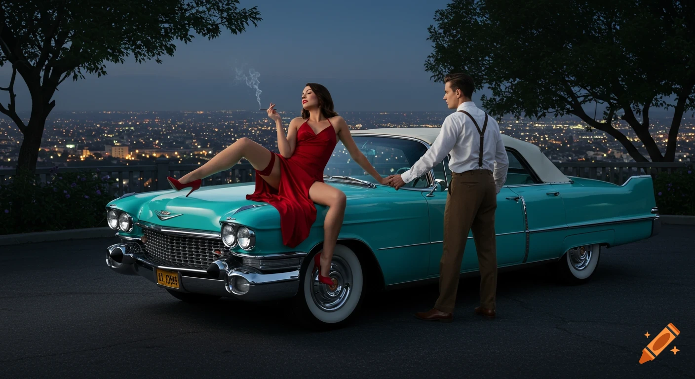 Photorealistic image of a glamorous woman in a red dress lounging on a turquoise 1950s Cadillac, with a man beside her, overlooking city lights at night.