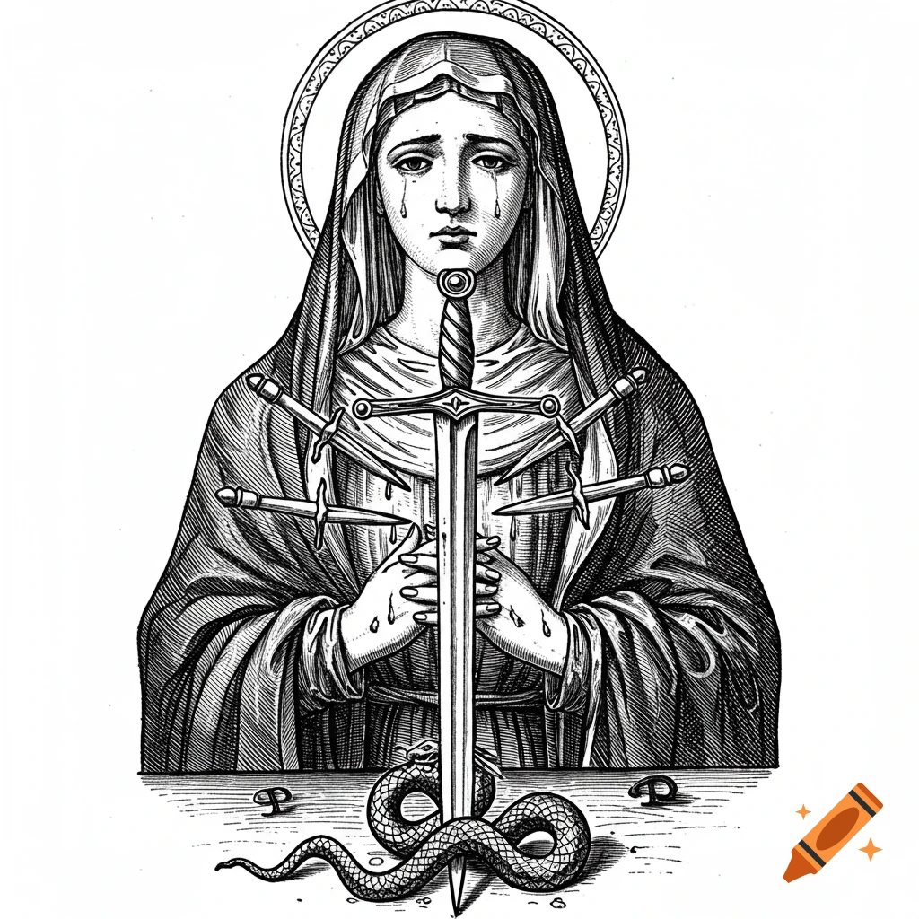Black and white drawing of the Mater Dolorosa with a sword piercing her heart and daggers, a snake below.