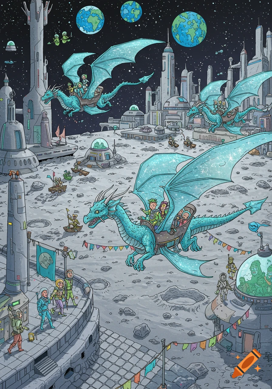 Cartoon illustration of blue dragons carrying people flying over a futuristic city on the moon, with planets in the night sky.