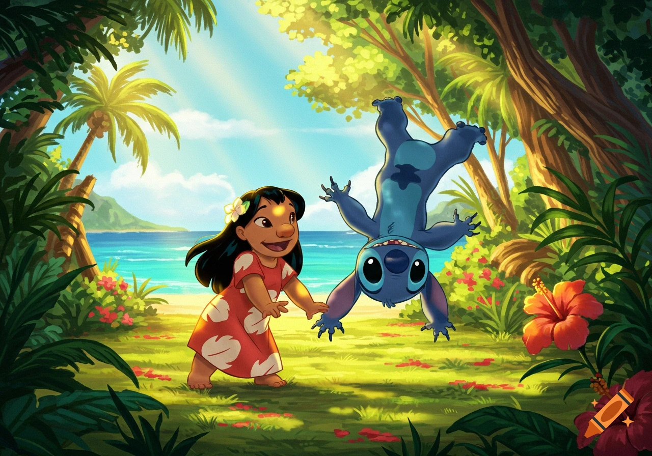 Lilo smiles at an upside-down Stitch doing gymnastics in a vibrant tropical beach scene with palm trees and flowers.