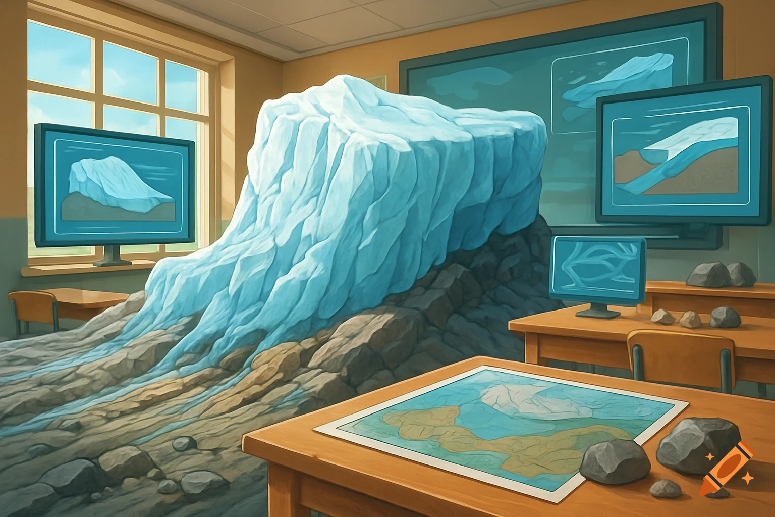 An illustration of a classroom filled with a large glacier eroding bedrock, with diagrams on monitors and a map on a desk.
