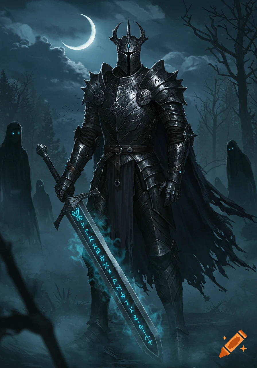 A dark knight in ornate armor holds a glowing runic sword in a misty, moonlit forest with ghostly figures.
