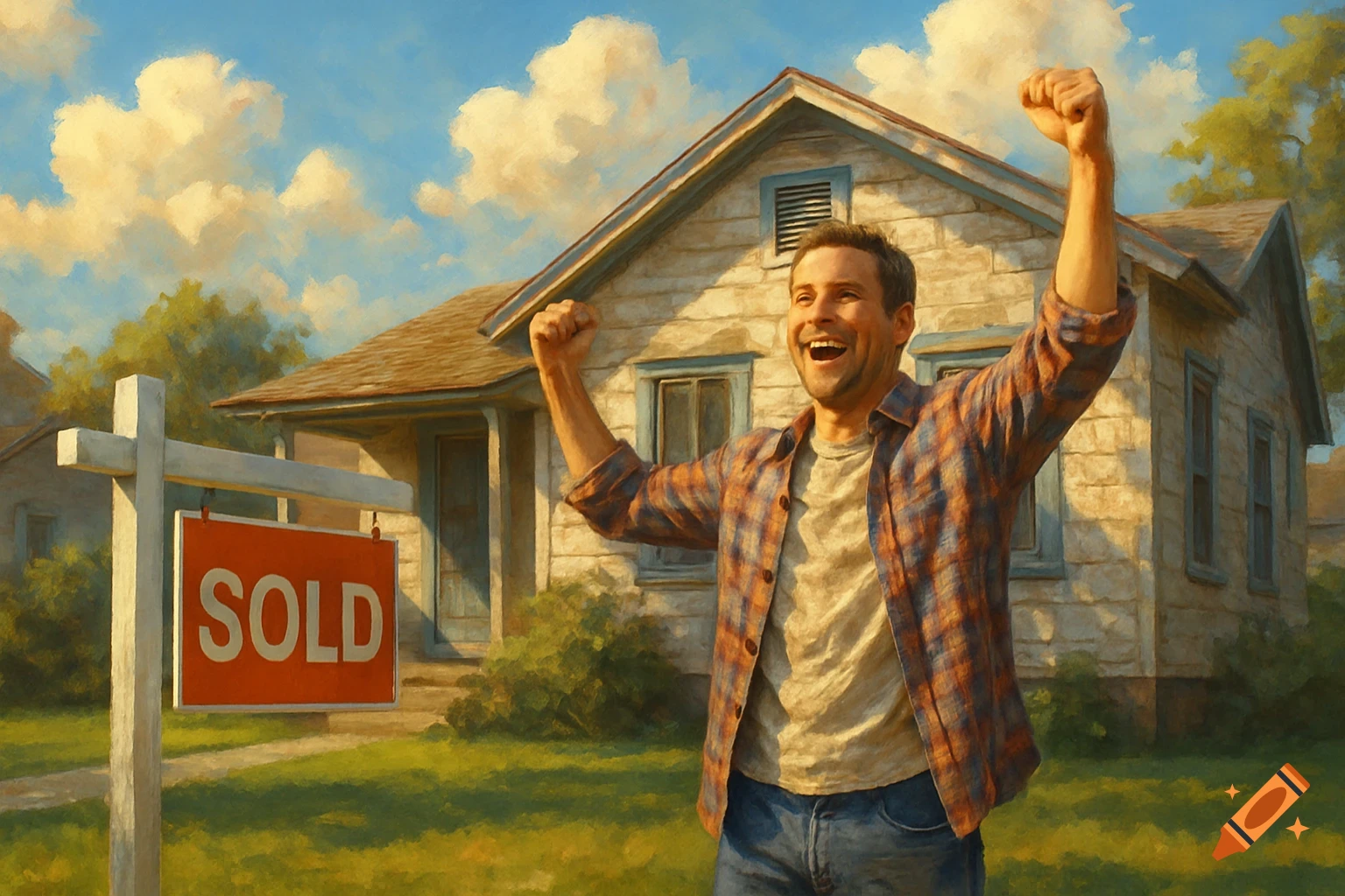 A man in a plaid shirt raises his fists in celebration in front of a house with a red 'SOLD' sign, in a painterly style.