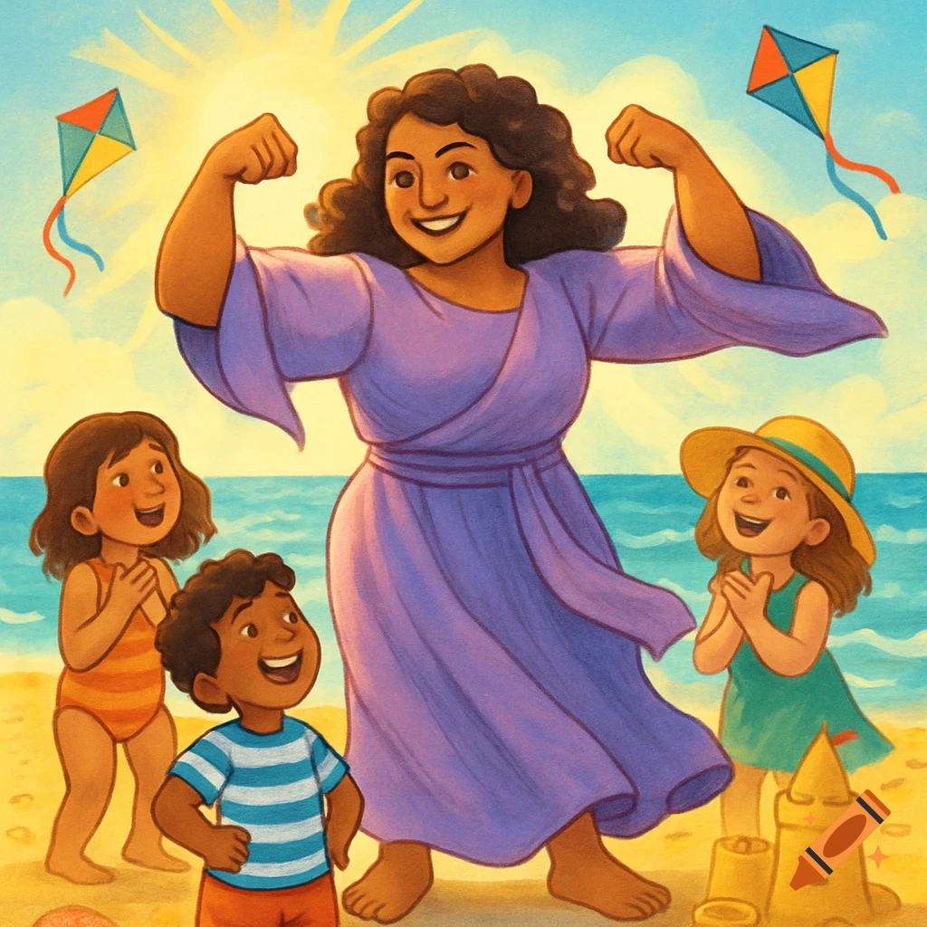 A strong woman in a purple dress flexing muscles on a sunny beach, surrounded by smiling children and kites, in a colorful illustration.
