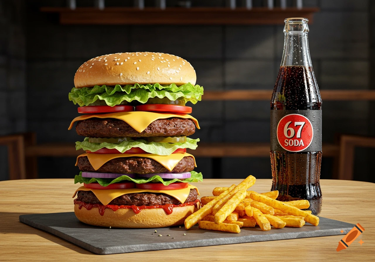 A giant triple cheeseburger with lettuce, tomato, onion, and cheese, served with a side of golden fries and a bottle of soda on a dark slate.