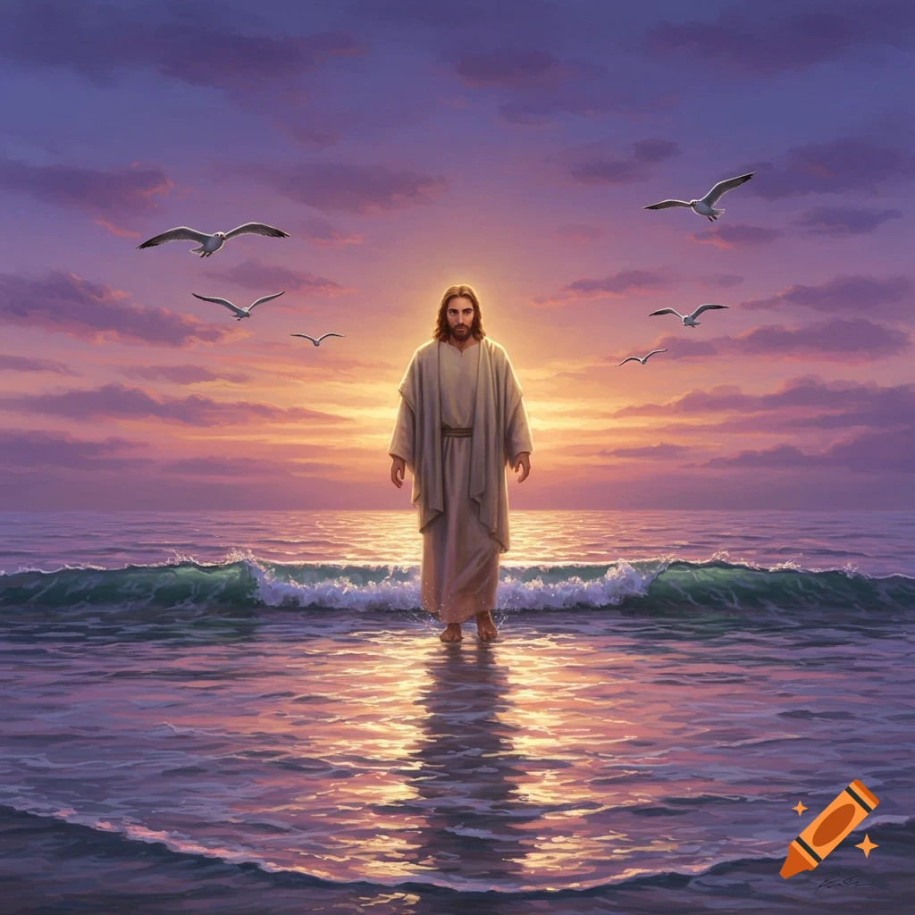 Jesus walks on water at sunset, with seagulls flying above a calm, reflective sea in a painting.