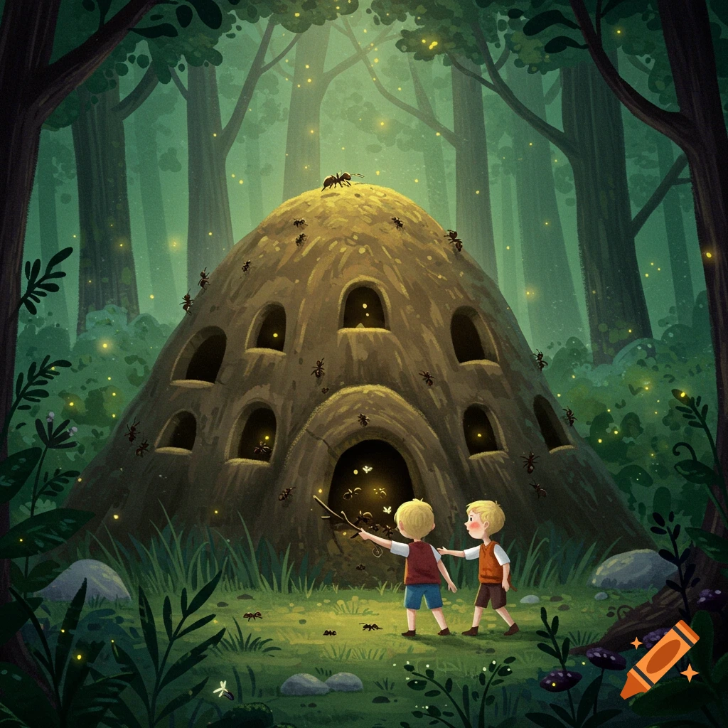 Two boys explore a large, glowing anthill teeming with ants in a whimsical, enchanted forest, illustrated in a children's storybook style.