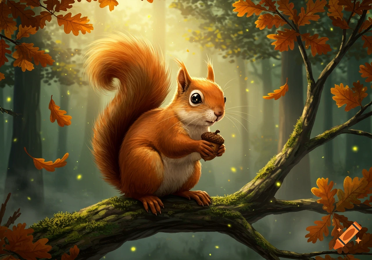 A cute, stylized squirrel holding an acorn on a mossy branch in a sunlit autumn forest with falling leaves.