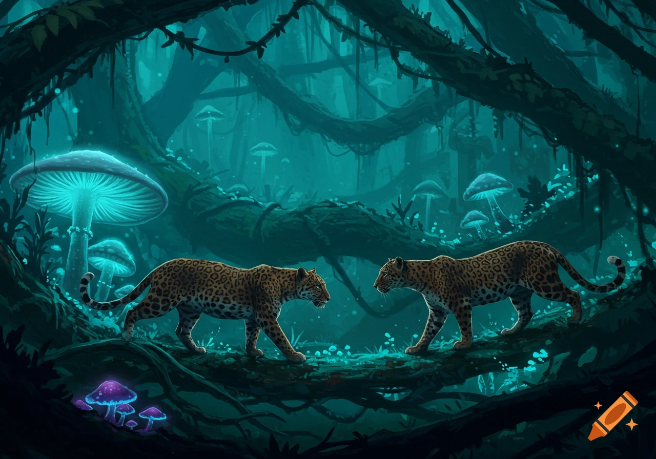 Two leopards walk on a branch in a dark, glowing fantasy jungle with bioluminescent mushrooms, painted art style.