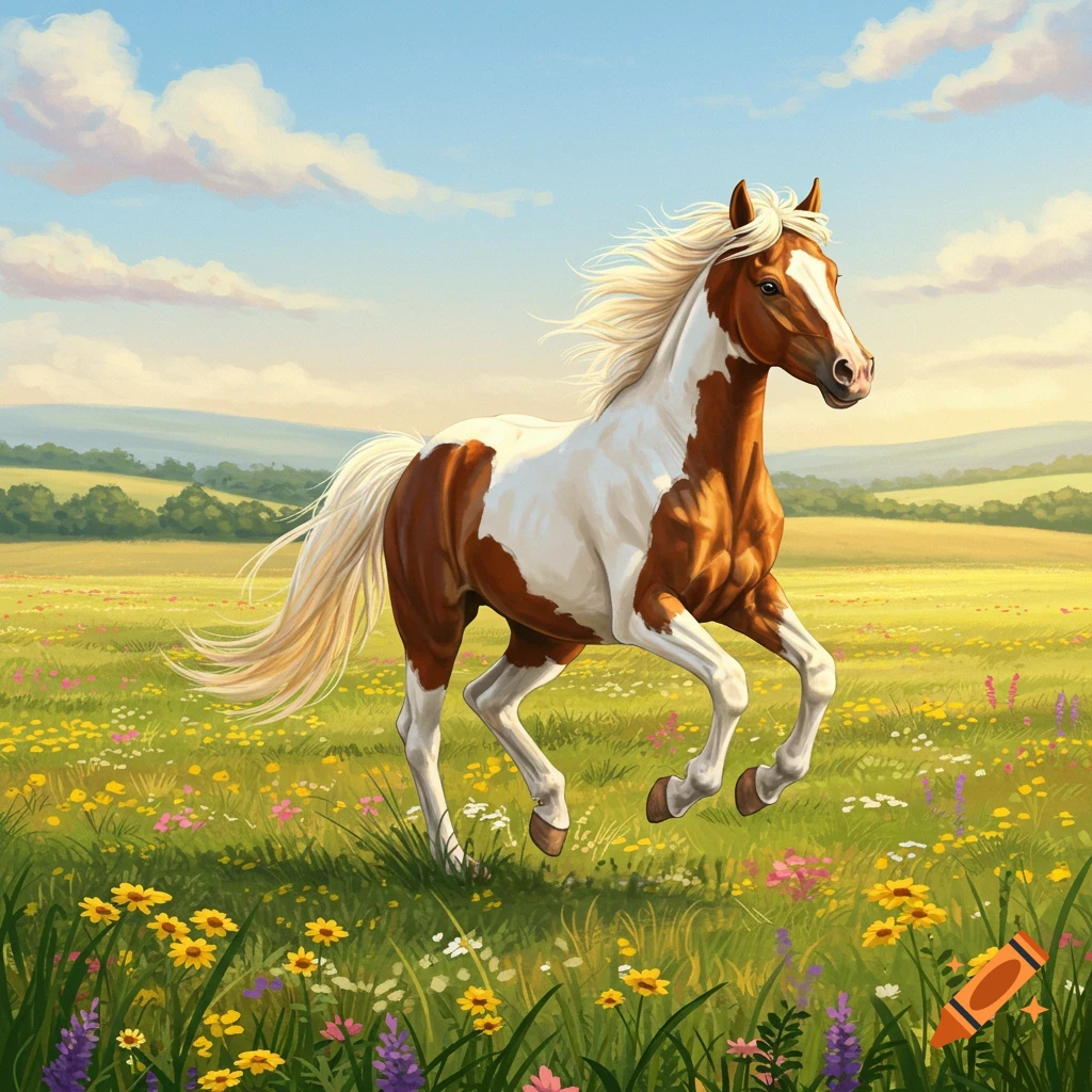 A brown and white pinto horse gallops through a sunny, vibrant meadow filled with colorful wildflowers under a blue sky.