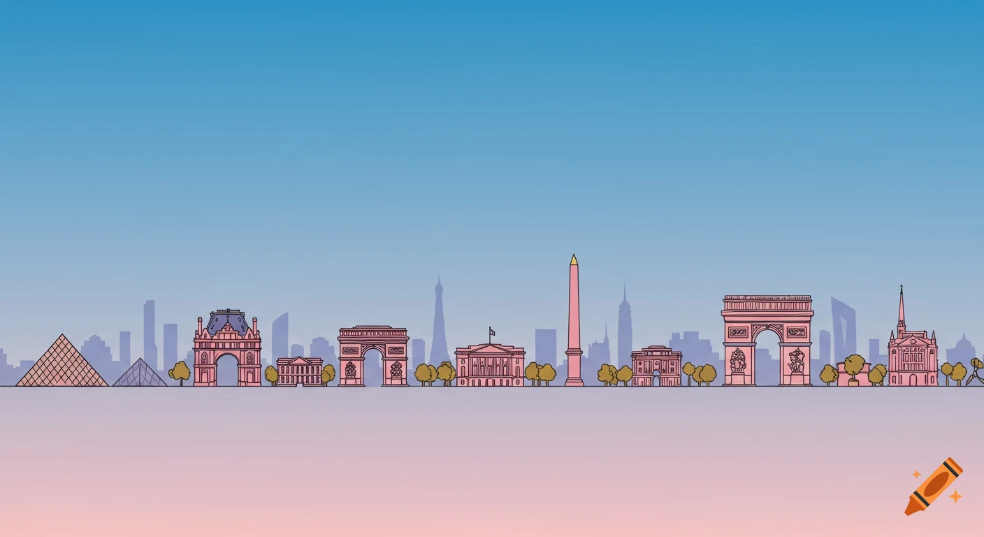 Stylized illustration of Parisian monuments like the Louvre Pyramid, Arc de Triomphe du Carrousel, Obelisk, and Arc de Triomphe de l'Étoile against a gradient sky.