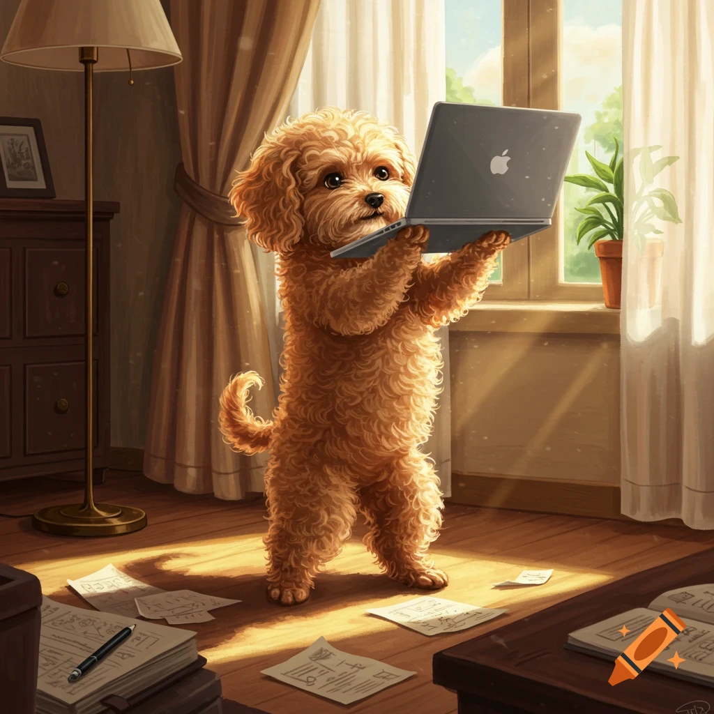 A fluffy brown poodle stands on its hind legs, holding an open silver laptop in a sunlit room with papers on the floor. Digital art.